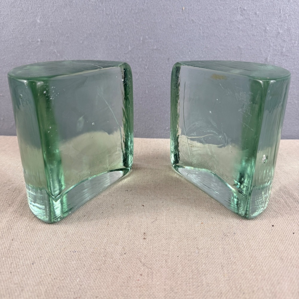 Vintage Blenko 434 Half Moon Bookends Pair Antique Green MCM